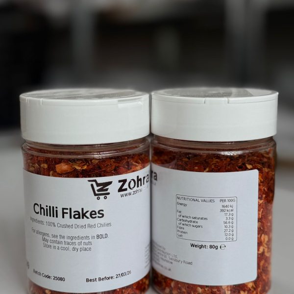 Zohra 100% Crushed Dried Chilli Flakes Coarsely Ground for Maximum Flavour Impact Ideal High-Quality Sun-Dried Chilies 80g Spice Lover's Essential